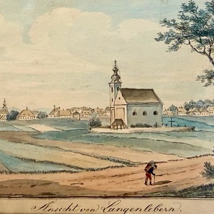 Pfarre Langenlebarn älteste bildliche Darstellung der Pfarrkirche von ca 1850